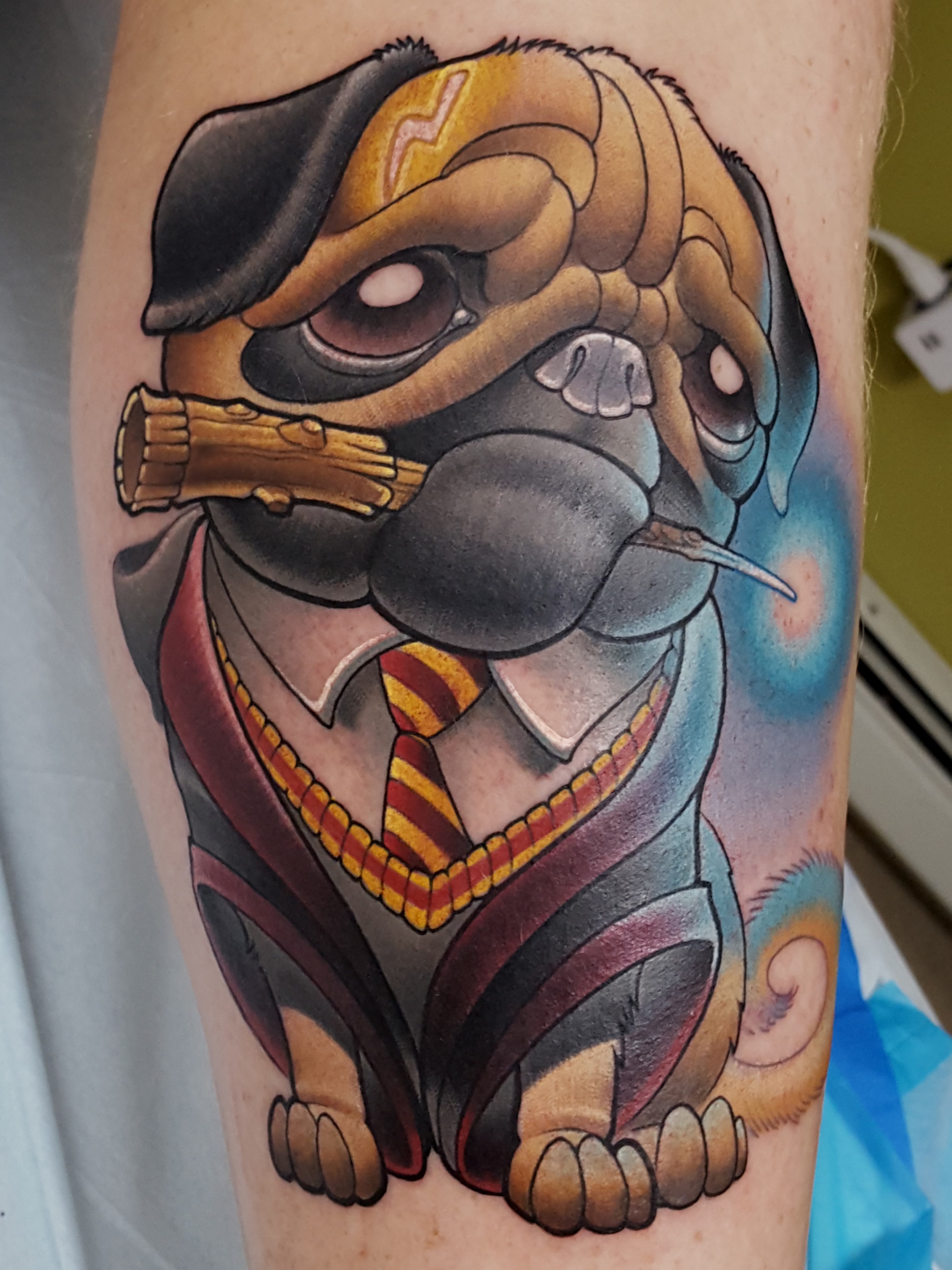 Harry Potter pug tattoo by CT artist Cracker Joe Swider